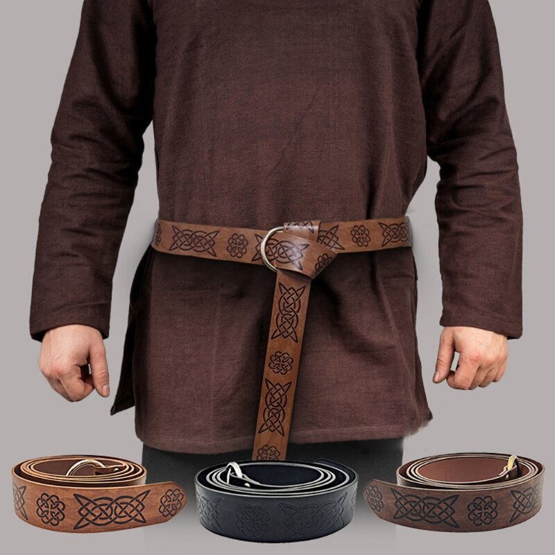 Cinturón Medieval en relieve vikingo Vegvisir de cuero PU con anillo redondo, hebilla de caballero renacentista, cinturón de cuero para hombres