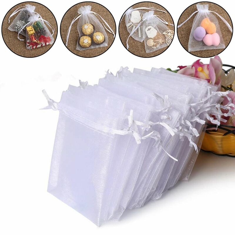 25/50PCS Drawable Party Supply Christmas Favor Jewelry Packing White Pouches Drawstring Pocket Organza Gauze Sachet Gift Bags