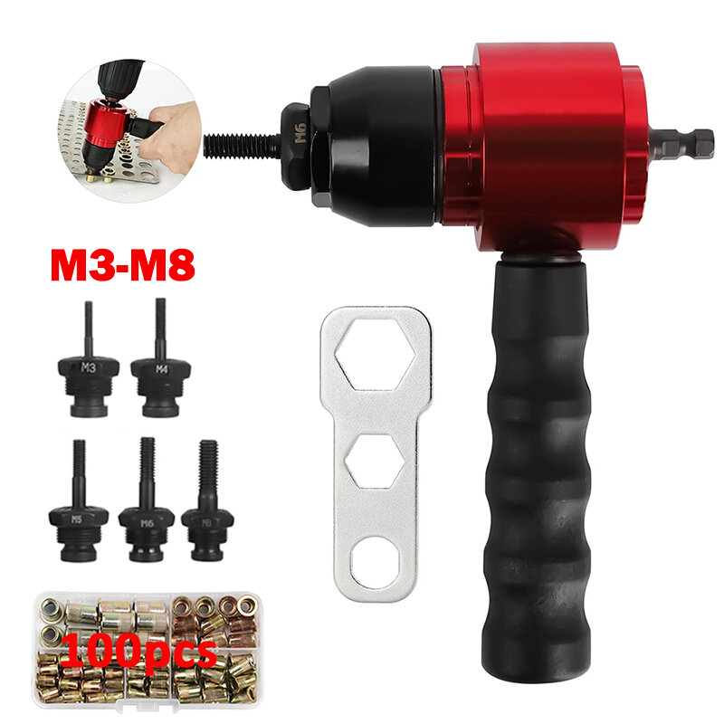 M3~M8 Electric Rivet Gun Removable Rivet Nut Tool Adapter with 100pcs Rivet Nuts for Electric Drill/Hand Wrench