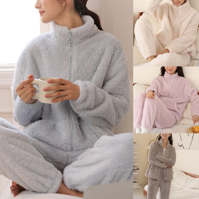 Damespyjamasets Warme fleece loungewear Damespyjama's met mouwen Nachtkleding