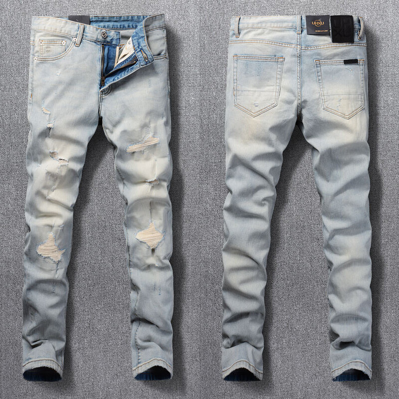 Pantalones vaqueros rasgados para Hombre, Jeans Retro lavados de color azul claro, elásticos, ajustados, de diseño Vintage, a la moda, nuevo diseño