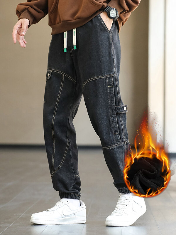 Новинка 2023, зимние мужские джинсы с фальш-карманом, уличная одежда из плотного флиса, теплые джинсовые брюки-карго, мужские утепленные штаны для бега, большой размер 8XL