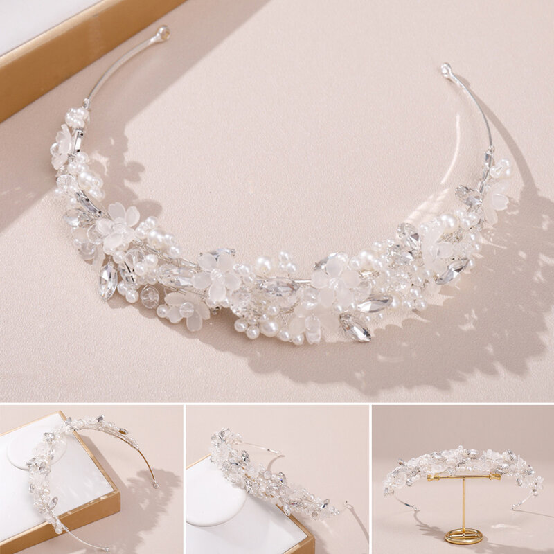 Woman's Metal Hair Hoop with Temperamental Pearls Floral Shape Headwear for Wedding Masquerades Shows