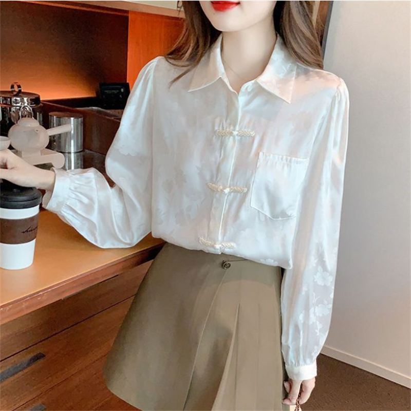 National hemden Frauen chinesische Blusen weiße Tops für Frauen Retro Schnalle Hemd Revers Tasche Blous Cardigan weibliche lose Hemd