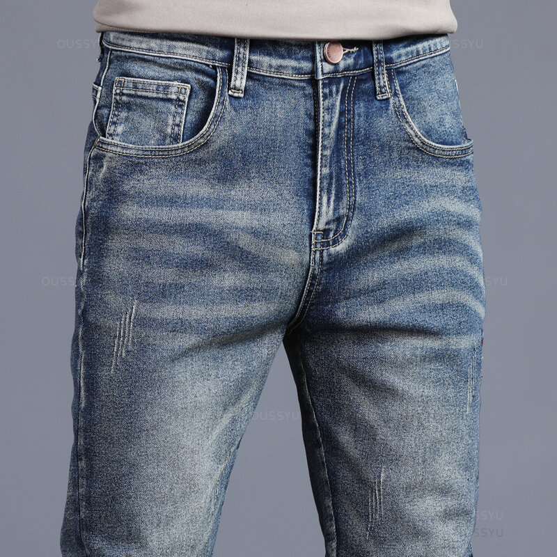 2024 nowe cztery pory roku męskie jeansy w stylu Vintage niebieski jednolity kolor elastyczne klasyczne jeansy męskie szczupła moda spodnie jeansowe męskie 27-38