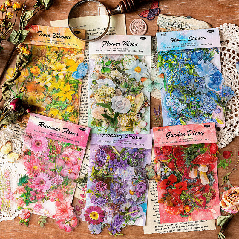 6 Styles 100Pcs/Bag Vintage Botanical Stickers Aesthetic Flowers Sticker Hand Account Material Decorative Stationery Sticker