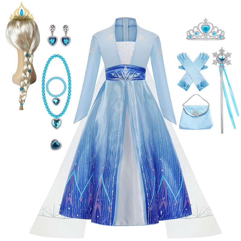 Elsa Costume for Girl Birthday Party Blue Long Sleeve Carnival Clothing Kids Princess Dress for Girls
