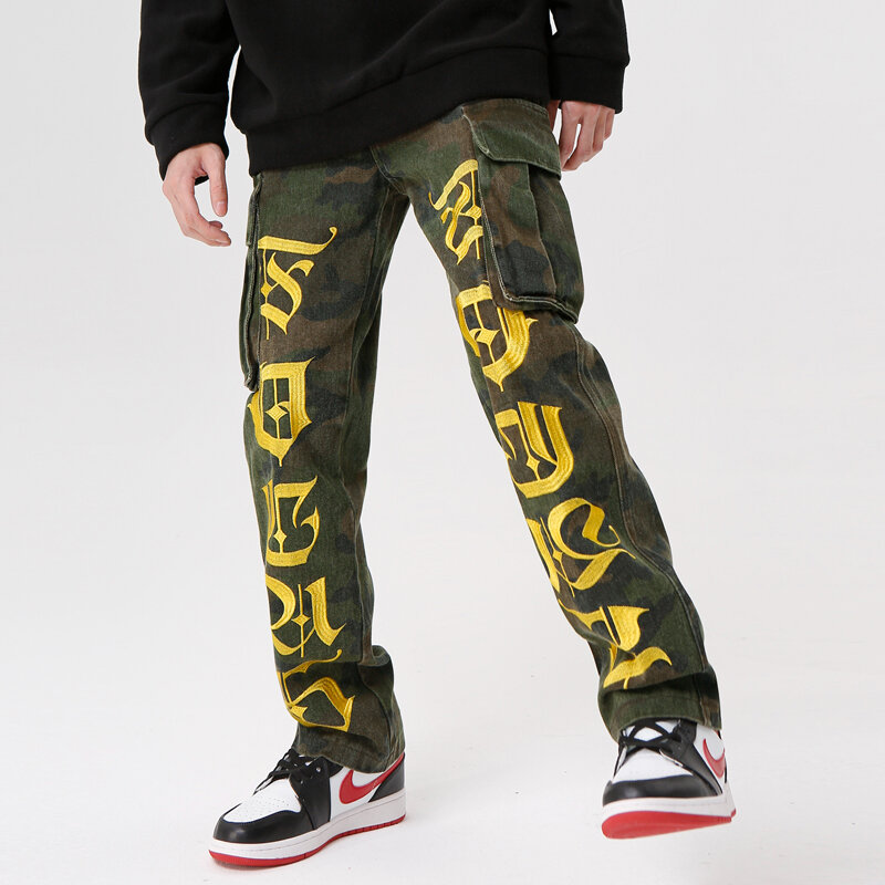 Men's Hip Hop Camouflage Embroidery Cargo Big Pocket Denim Jeans