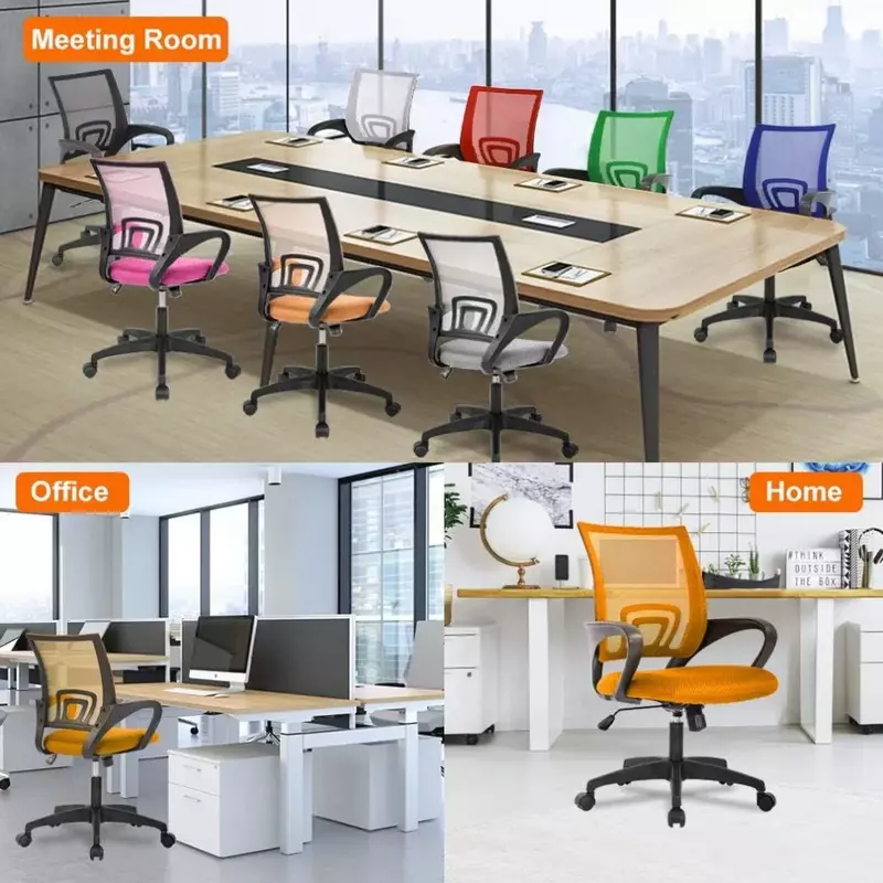 Kursi kantor rumah ergonomis, dudukan meja komputer jala dengan dukungan pinggang, sandaran tangan putar dapat disesuaikan oranye