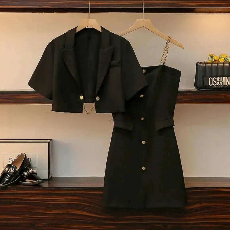 Kobiety Lato Slim Krótkie Marynarki Camisole 1 lub 2-częściowy zestaw Koreańska moda biurowa Płaszcz Guzik Sling Mini sukienki Stroje 2024