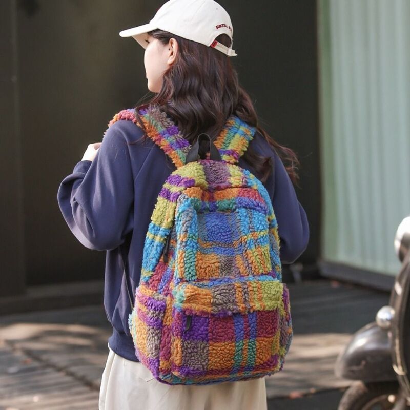 Korean Style Colorful Plaid Backpack Cute Geometric Large Capacity Lamb Fleece Backpack Strip Preppy Trendy Shoulder Bag Girls