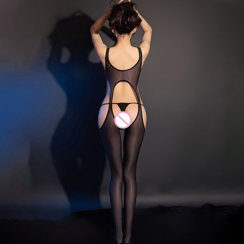 Jumpsuit berkilau minyak wanita pakaian dalam Lingerie berlubang Bodysuit tipis tipis tipis tanpa lengan selangkangan terbuka Bodystocking Jumpsuit Erotis