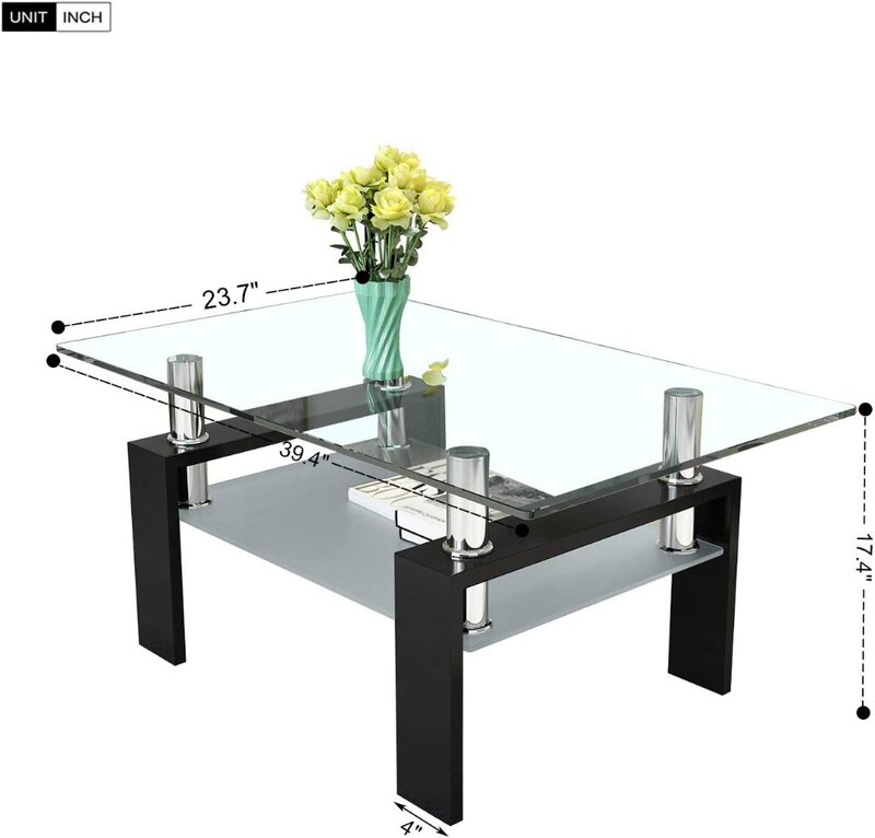 Meja kopi kaca persegi panjang, meja kopi tengah Modern dengan rak bawah, kaki logam hitam, cocok untuk ruang tamu (hitam)