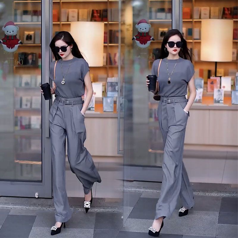 Casual Set for Women's 2024 Summer New Style Commuting Short Sleeved Top+high Waisted Straight Leg Pants Two-piece Set