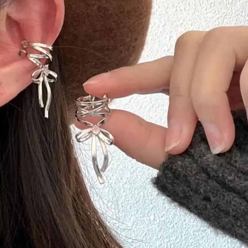 Silver Bow-knot Ear Cuff Ribbon Aesthetics Ear Clips Ballet Earrings Women Clips Ear Jewelry Non-piercing Style