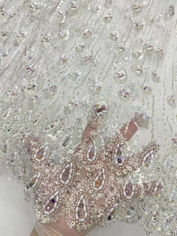 Exquisite afrikanische handgemachte Perlen Schnürsenkel Stoff Luxus nigerian ischen Pailletten Mesh Spitze Stoff Französisch Braut Tüll Spitze für DIY Hochzeit