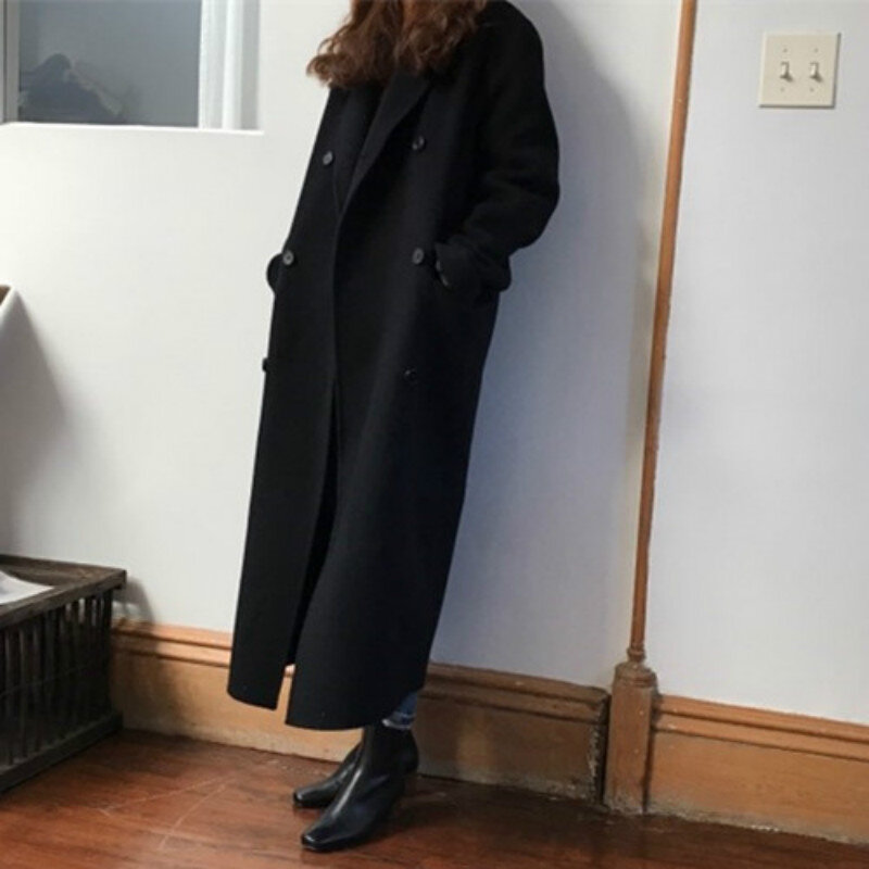 Jaket Mantel Wol Panjang Musim Dingin Wanita Korea Mantel Wol Wanita Pakaian Luar Kancing Dua Baris Lengan Panjang