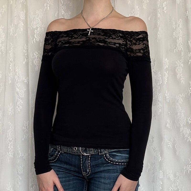 CIBBAR kaus lengan panjang ramping seksi elegan Crop Top leher Slash renda hitam untuk wanita kaus Harajuku Y2k musim gugur
