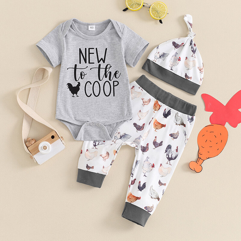 VISgogo Baby Boys Summer Outfits Letter Print Crew Neck Short Sleeve Rompers Rooster Hen Print Long Pants Hat 3Pcs Clothes Set