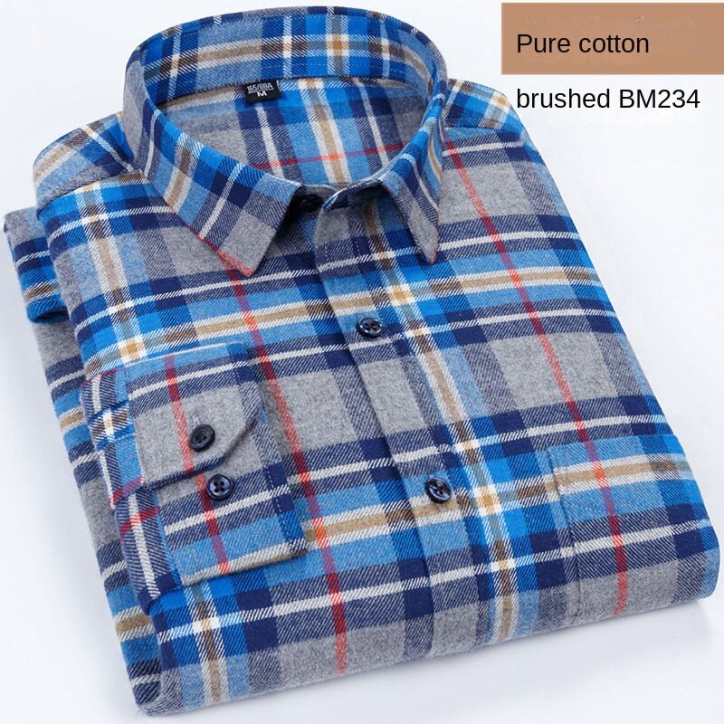 Cotton Plaid Shirt Men's Long-Sleeved High-End Clothing Casual Plaid Flannel Shirt 100% Cotton Button Tops Male Leisure Shellort