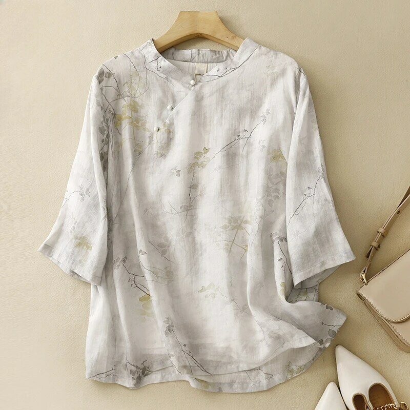 Camisas Vintage estampadas para mujer, blusas de estilo chino, Tops sueltos de manga corta, ropa de lino y algodón para verano
