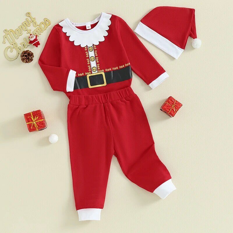 Костюм Санта Клауса для маленьких мальчиков и девочек, рождественские топы с длинными рукавами, длинные брюки, шапка на Рождество, комплекты одежды из 3 предметов