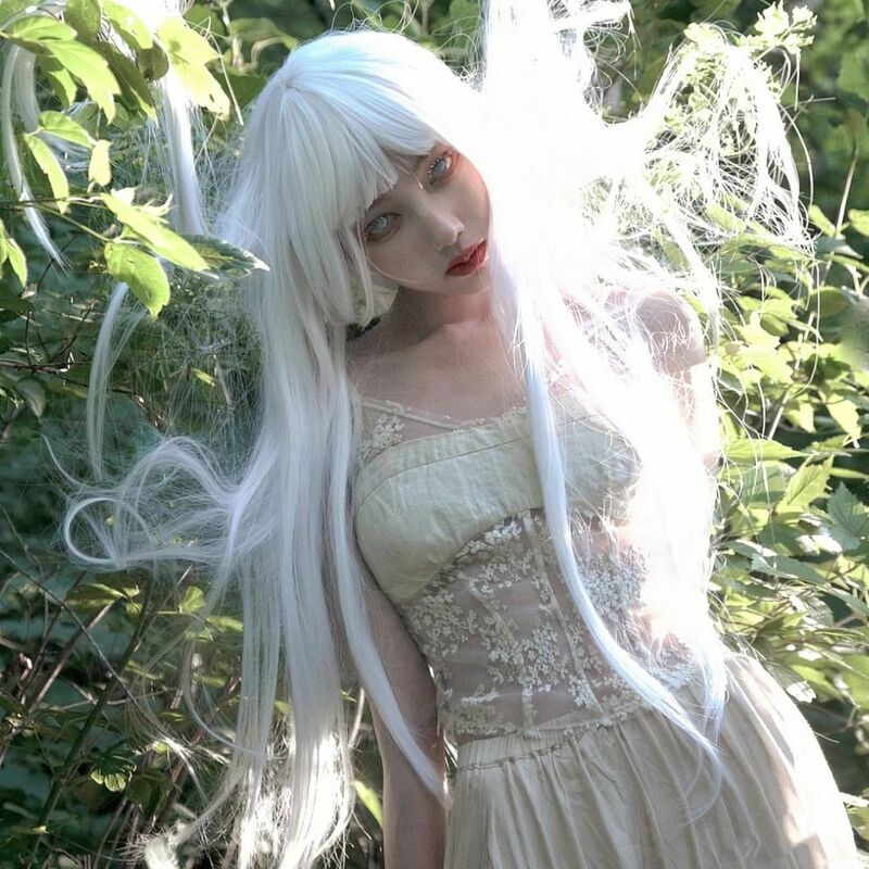Women's pure white long straight hair student with bangs Cosplay High Temperature Fiber Synthetic Wigs Pelucas Hair Daily Party