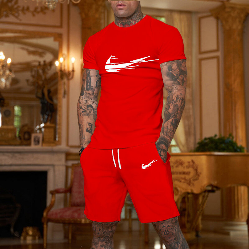 Set pakaian olahraga basket untuk pria, set kaus lengan pendek + celana pendek jalanan dua potong musim panas 3D kasual