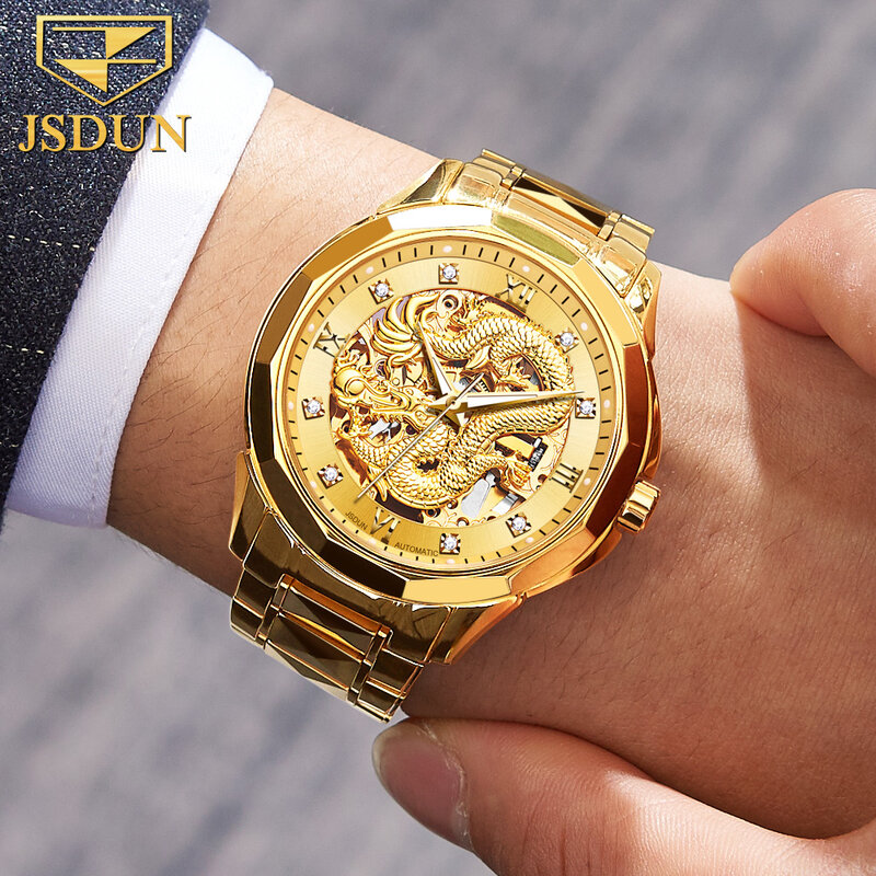 JSDUN 남성용 골드 드래곤 시계, 럭셔리 브랜드, 자동 기계식 시계, 스테인레스 스틸 스트랩, 할로우 조각 남자 시계 선물 8840