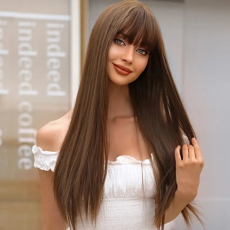Великолепный длинный коричневый парик с челкой-термостойкие синтетические волосы для женщин-идеально подходит для ежедневного и стандартного использования!