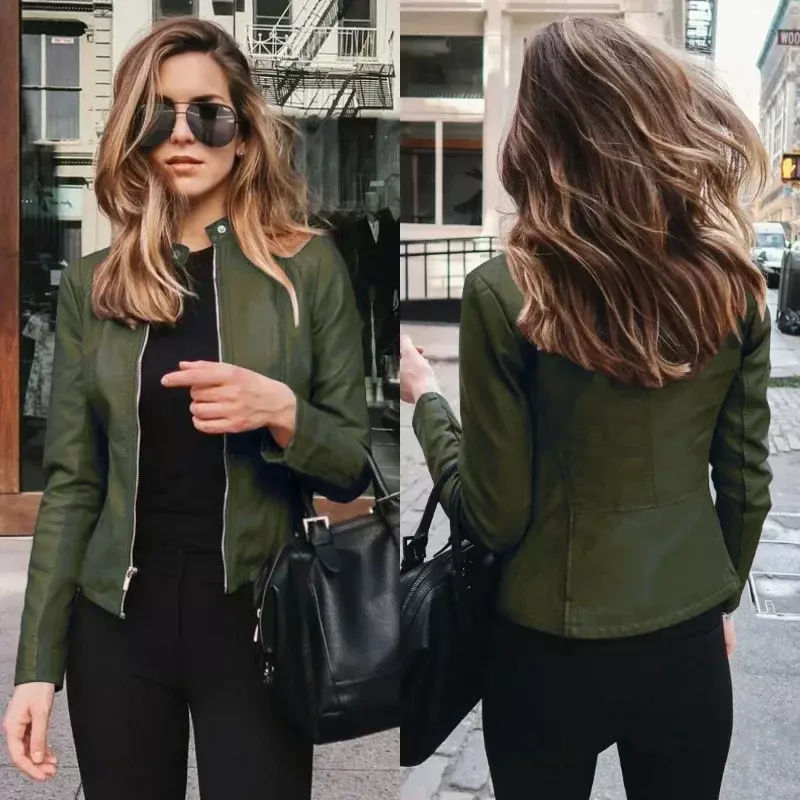 Solid Color Long Sleeve Zipper PU Coats Outwear Y2K Women's Fashion Leather PU Blazer Pockets Autumn Casual Leather Jackets
