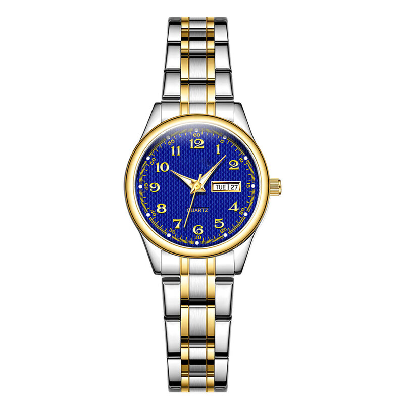 Reloj de pulsera redondo de lujo para mujer, reloj de pulsera de cuarzo analógico con pantalla para el día de la semana para reunión de negocios de oficina exterior