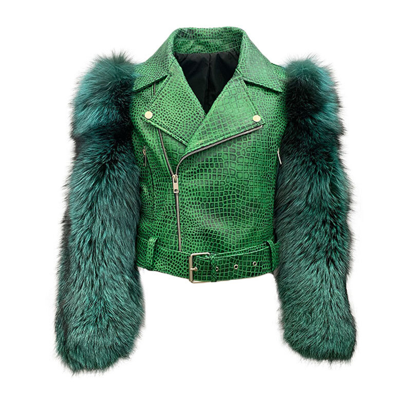 Dame echte Schaffell Lederjacke Crop Coat Spleißen flauschige Pelz ärmel Streetwear Kurz mantel Mode Herbst Winter