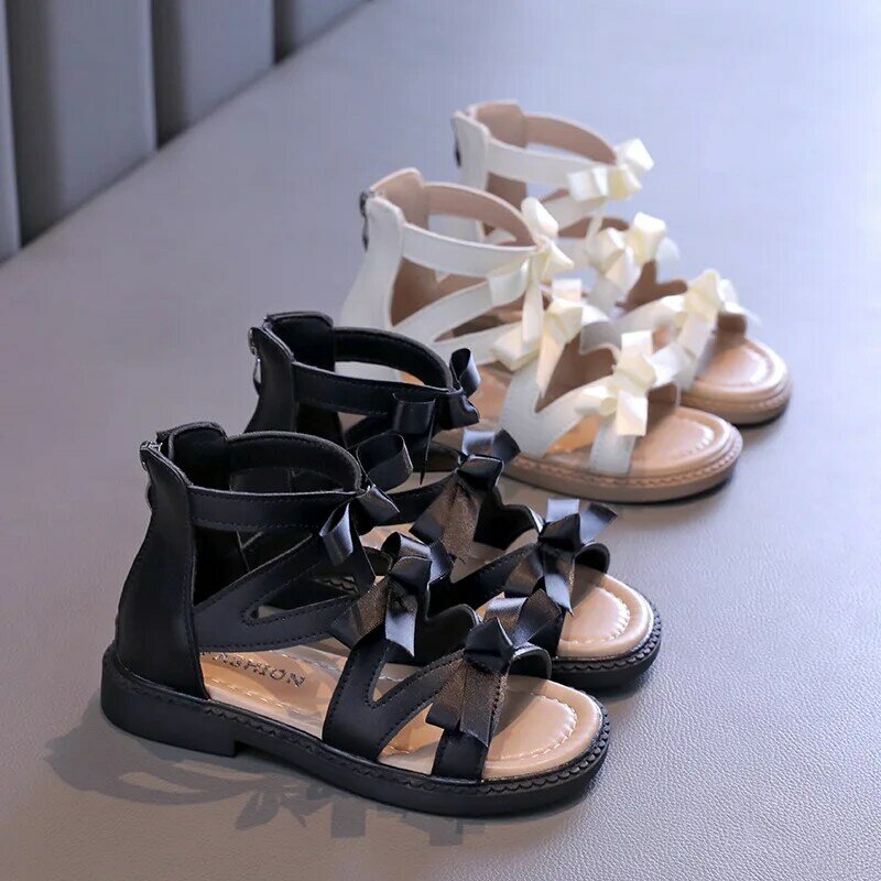 Sandálias bowtie chiques femininas, sapatos elegantes para crianças, cor sólida, crianças princesa, causal high-top sandálias romanas, zip, moda, novo