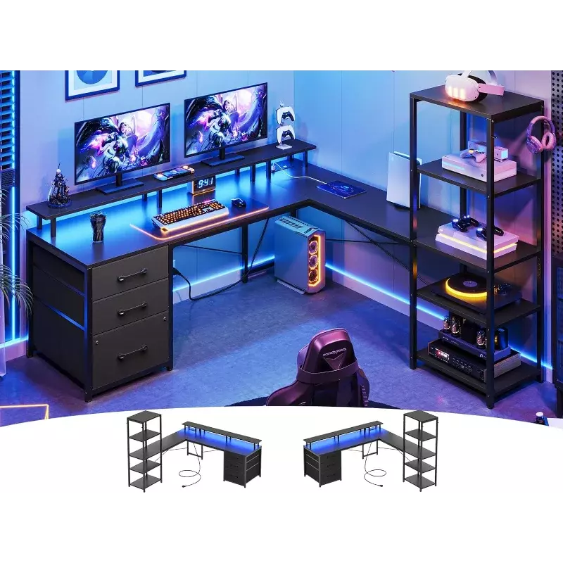 L geformter Gaming-Schreibtisch, reversibler 55-Zoll-Eck-Computertisch mit 3 Stoffs chu bladen und Ablage fächern, schwarzer Gaming-Schreibtisch