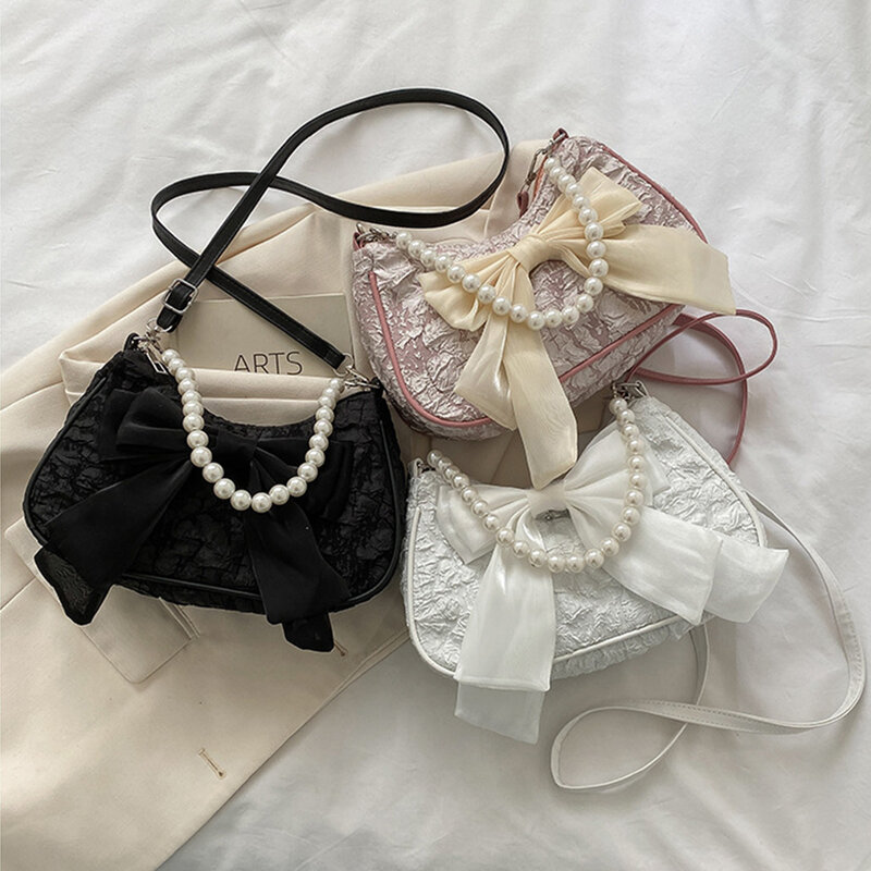 Weibliche Retro Luxus Perlenkette Handtasche Frauen solide verstellbare Schleife Umhängetaschen Mode Leinwand 2024 Trend Umhängetasche