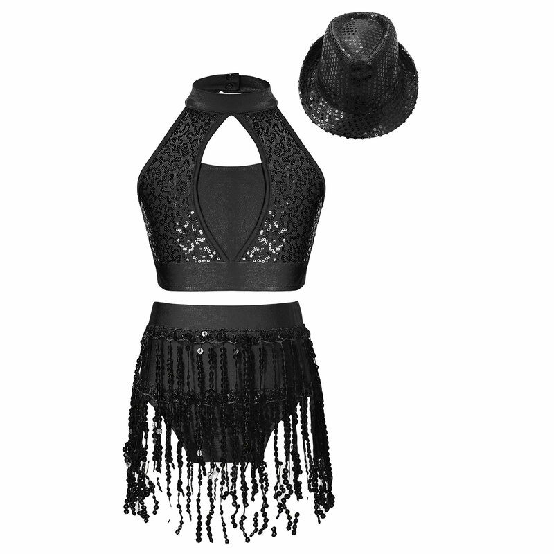 Kids Girls Latin Dance Hollow Front Keyhole Back Sequin Patchwork Crop Top with Sequins Tassel Briefs Hat for  Performance