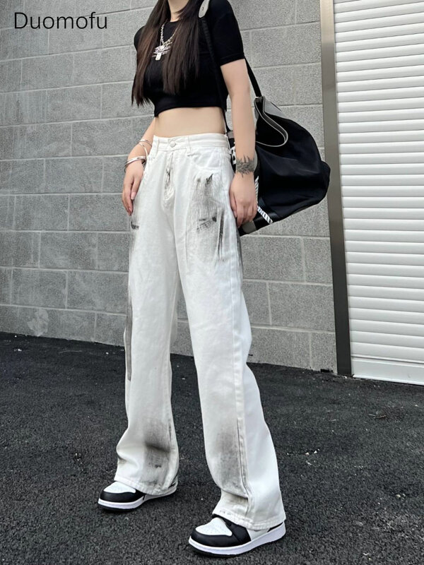 Duomofu Korean Style Grunge Tie Dye White Jeans Women Hippie Oversize Baggy Denim Pants Harajuku Kpop Streetwear Wide Trousers