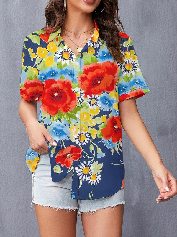 女性用半袖シャツ,カラフルな花柄の3Dデジタルプリントシャツ,気質ファッション,新しい2024