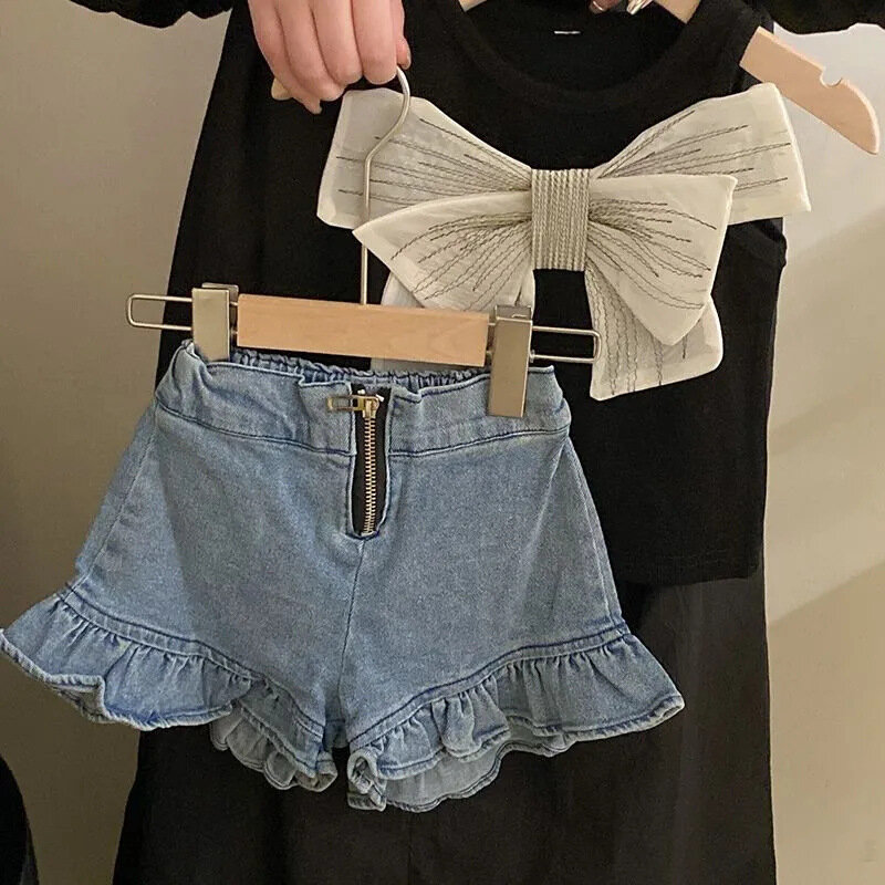 Korean Summer Children's Sets 2024 Fashion Bow Vest Short Suit for Girls Knit Vest Lace Denim Shorts 2pcs Set  Baby Girl Clothes