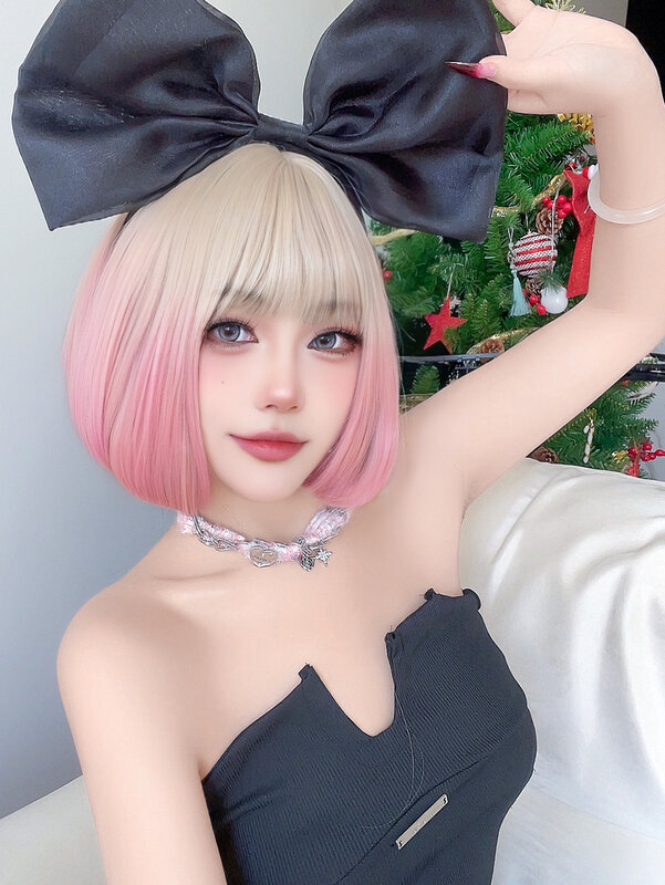 12Inch Lolita Blonde Gradient Pink Synthetic Wig With Bang Short Natural Straight Hair For Women Cosplay Party Heat Resistant