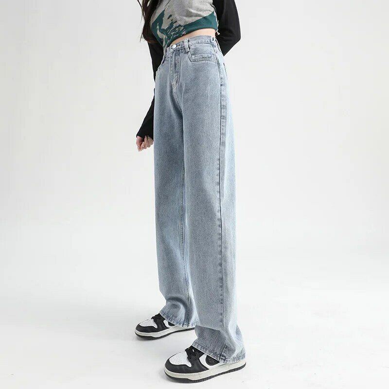 Женские джинсы с высокой эластичной талией, хлопковые прямые брюки с широкими штанинами в стиле Харадзюку, винтажная уличная одежда синего и белого цветов