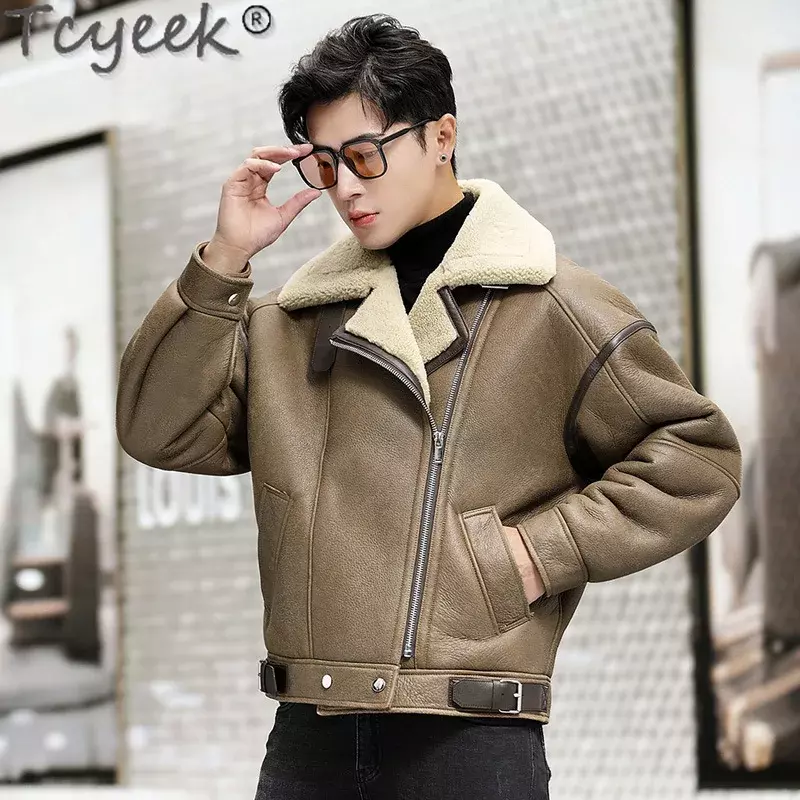 Куртка Tcyeek Мужская зимняя из натуральной кожи, модная байкерская куртка из натуральной овчины, свободная шуба