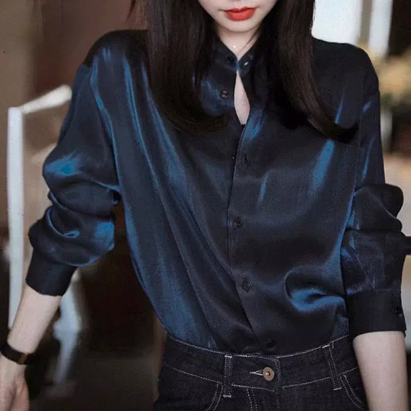 Long Sleeve Stand-up Collar Shirt Office Ladies Chic Buttons Women Blouses Solid Tops High-end Luxury Designer Clothing New