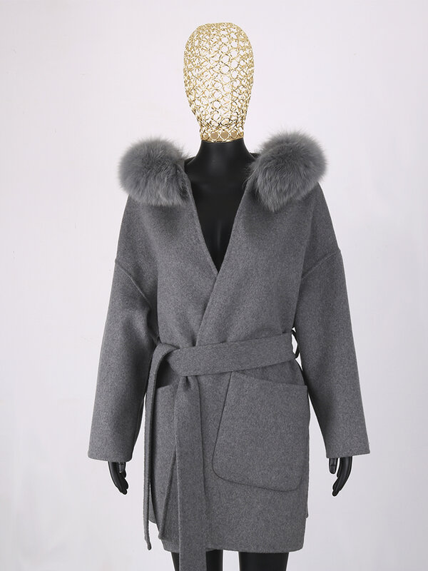 FURYOUME-abrigo de lana de Cachemira con cinturón para mujer, Chaqueta larga con cuello de piel de zorro Real, prendas de vestir exteriores sueltas a la moda para invierno, novedad