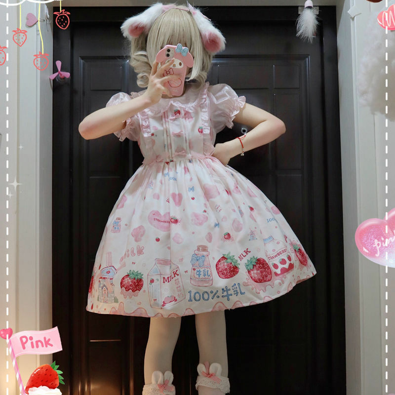 Morango leite lolita vestido japonês doce kawaii diariamente princesa vestido de manga curta bonito chá festa lolita macio irmã vestido