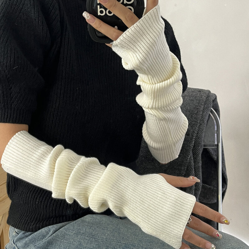 Autumn Winter Women Arm Warmers Knitted Woolen Arm Sleeve Fine Long Knitted Fingerless Gloves Casual Warm Soft Female Gloves