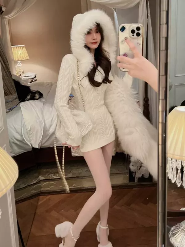 2023 Winter Knitted Sweater Dress with Hooded Women Slim Bodycon Y2k Mini Dress Faux Fur Female One Piece Dress Korean Elegant