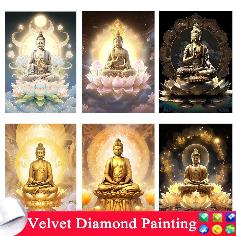 Pintura de diamante 5D DIY, bordado de flor budista, flor de loto de Buda dorado de fantasía, taladros completos, imagen de decoración del hogar, nueva llegada