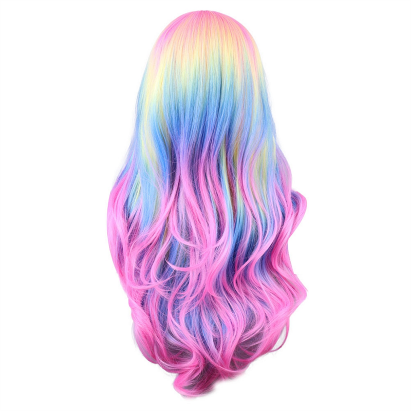 Peruca colorida do arco-íris na franja, couro cabeludo simulação, festa fantasma Festival, europeu e americano